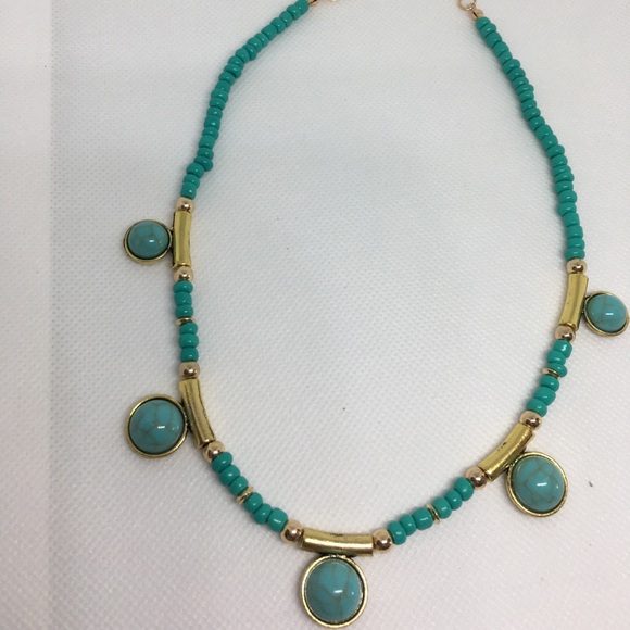 Retro-Look Turquoise Necklace with Golden Accents - Picture 7 of 9